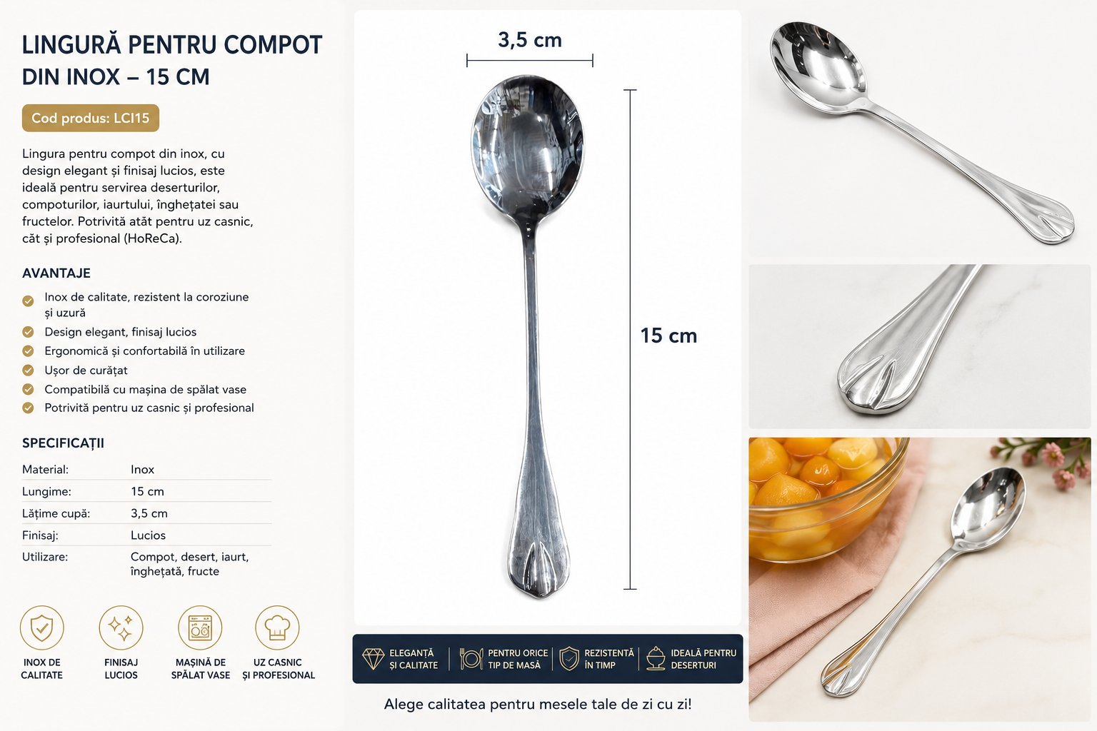 Lingură pentru compot din inox – 15 cm
